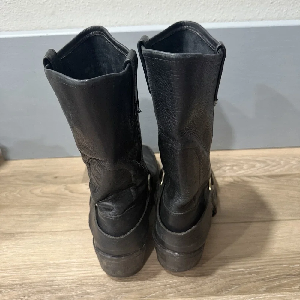 Vtg Black Leather Harness Boots Engineer Square Toe USA Western Sz 10.5 Mens